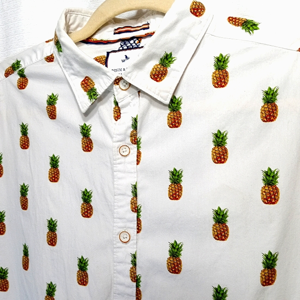 Denim & Flower Men's Short Sleeve Pineapple Slim-Fit Button Up L